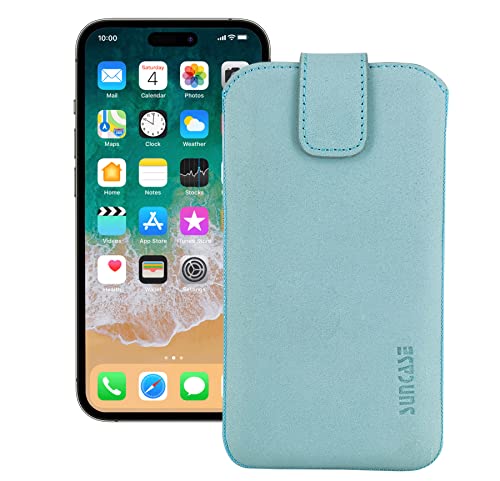 Suncase Etui Tasche kompatibel mit iPhone 14 Pro Max (6.7") Hülle mit ZUSÄTZLICHER Case/Schale/Bumper Lasche mit Rückzugfunktion Handytasche Ledertasche Schutzhülle in antik-türkis von Suncase