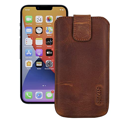 Suncase Etui Tasche kompatibel mit iPhone 15 Plus (6,7 Zoll) Hülle mit ZUSÄTZLICHER Case/Schale/Bumper Lasche mit Rückzugfunktion Handytasche Ledertasche Schutzhülle in antik-Coffee von Suncase