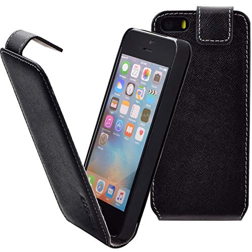 Suncase Flip-Style Tasche kompatibel mit iPhone SE | iPhone 5s | iPhone 5 Ledertasche Leder Schutzhülle Case Hülle (Ultra-Slim) vollnarbig schwarz von Suncase