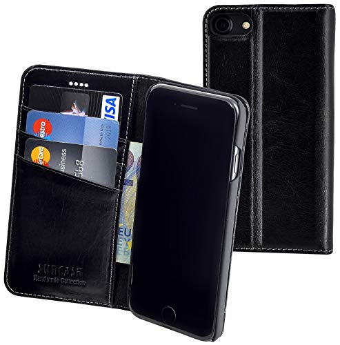 Suncase Handmade Book-Style kompatibel mit iPhone 7 | iPhone 8 Lederhülle aus echtem Leder Tasche Schutzhülle Wallet Case Hülle schwarz von Suncase
