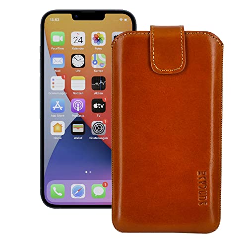 Suncase Leder Tasche kompatibel mit iPhone 15 (6,1 Zoll) Hülle mit ZUSÄTZLICHER Transparent Case | Schale | Silikon Bumper Handytasche (mit Rückzugsfunktion und Magnetverschluss) in Cognac von Suncase