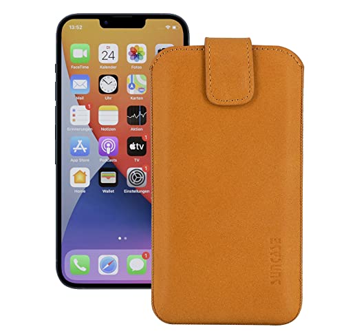 Suncase Leder Tasche kompatibel mit iPhone 15 (6,1 Zoll) Hülle mit ZUSÄTZLICHER Transparent Case | Schale | Silikon Bumper Handytasche (mit Rückzugsfunktion und Magnetverschluss) in antik-Camel von Suncase