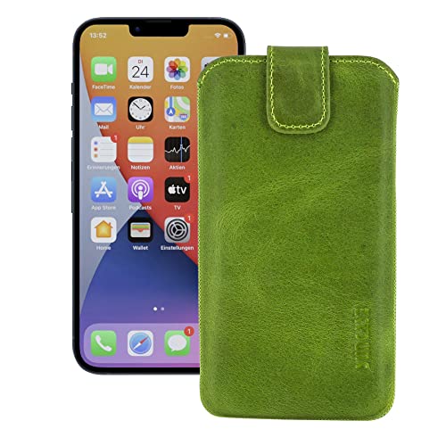 Suncase Leder Tasche kompatibel mit iPhone 15 (6,1 Zoll) Hülle mit ZUSÄTZLICHER Transparent Case | Schale | Silikon Bumper Handytasche (mit Rückzugsfunktion und Magnetverschluss) in antik-Kiwi grün von Suncase