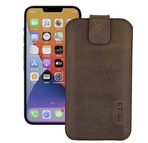 Suncase Leder Tasche kompatibel mit iPhone 15 (6,1 Zoll) Hülle mit ZUSÄTZLICHER Transparent Case | Schale | Silikon Bumper Handytasche (mit Rückzugsfunktion und Magnetverschluss) in antik-braun von Suncase