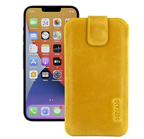 Suncase Leder Tasche kompatibel mit iPhone 15 (6,1 Zoll) Hülle mit ZUSÄTZLICHER Transparent Case | Schale | Silikon Bumper Handytasche (mit Rückzugsfunktion und Magnetverschluss) in antik-senfgelb von Suncase