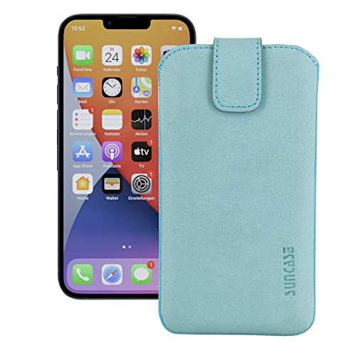 Suncase Leder Tasche kompatibel mit iPhone 15 (6,1 Zoll) Hülle mit ZUSÄTZLICHER Transparent Case | Schale | Silikon Bumper Handytasche (mit Rückzugsfunktion und Magnetverschluss) in antik-türkis von Suncase