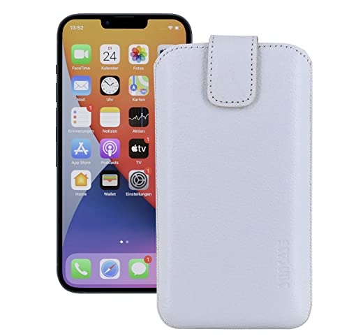 Suncase Leder Tasche kompatibel mit iPhone 15 (6,1 Zoll) Hülle mit ZUSÄTZLICHER Transparent Case | Schale | Silikon Bumper Handytasche (mit Rückzugsfunktion und Magnetverschluss) in vollnarbig-Weiss von Suncase