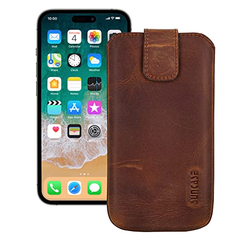 Suncase Leder Tasche kompatibel mit iPhone 15 Pro (6,1 Zoll) Hülle mit ZUSÄTZLICHER Transparent Case | Schale | Silikon Bumper Handytasche (mit Rückzugsfunktion und Magnetverschluss) in antik-Coffee von Suncase