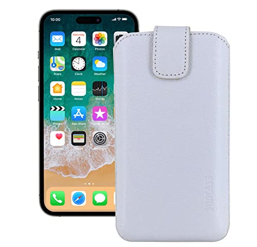 Suncase Leder Tasche kompatibel mit iPhone 15 Pro (6,1 Zoll) Hülle mit ZUSÄTZLICHER Transparent Case | Silikon Bumper Handytasche (mit Rückzugsfunktion und Magnetverschluss) in vollnarbig-Weiss von Suncase