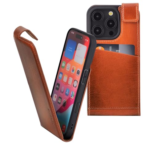Suncase Original Flip-Style (Ultra-Slim) kompatibel mit iPhone 16 (6,1 Zoll) Hülle Ledertasche Tasche Schutzhülle Case Cover Hülle in Burned Cognac von Suncase