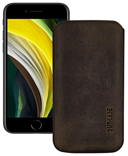 Suncase Original Leder Etui kompatibel mit Apple iPhone SE 3 (2022) Hülle Tasche Ultra Slim Ledertasche Schutzhülle Case (mit Rückzuglasche) in antik braun von Suncase