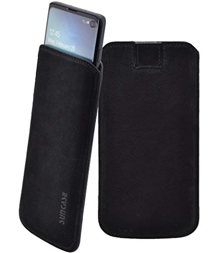Suncase Original Leder Etui kompatibel mit Samsung Galaxy S7 Edge Tasche Handytasche Ledertasche Schutzhülle Case Hülle (mit Rückzuglasche) schwarz-Veloursleder von Suncase
