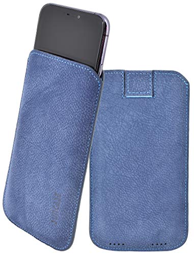 Suncase Original Leder Etui kompatibel mit iPhone 11 Pro Max (6.5") Tasche *Ultra Slim* Handytasche Ledertasche Schutzhülle Case Hülle (mit Rückzuglasche) in Pebble Blue-Veloursleder von Suncase