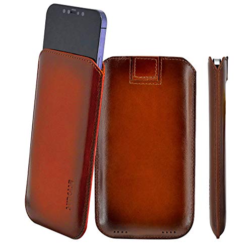 Suncase Original Leder Etui kompatibel mit iPhone 12 Mini (5.4") Hülle Tasche Ultra Slim Ledertasche Schutzhülle Case (mit Rückzuglasche) in Burned Cognac von Suncase