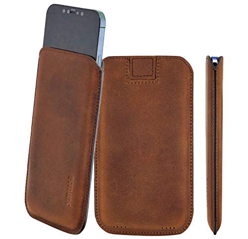 Suncase Original Leder Etui kompatibel mit iPhone 12 Pro (6.1") Hülle Tasche Ultra Slim Ledertasche Schutzhülle Case (mit Rückzuglasche) in antik Coffee von Suncase