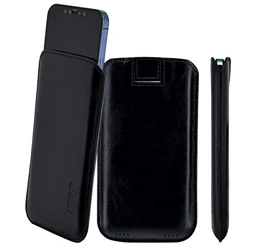 Suncase Original Leder Etui kompatibel mit iPhone 12 Pro (6.1") Hülle Tasche Ultra Slim Ledertasche Schutzhülle Case (mit Rückzuglasche) in schwarz von Suncase