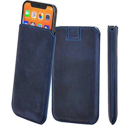 Suncase Original Leder Etui kompatibel mit iPhone 12 Pro Max (6.7") Hülle Tasche Ultra Slim Ledertasche Schutzhülle Case (mit Rückzuglasche) in Pebble Blue von Suncase