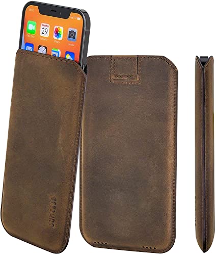 Suncase Original Leder Etui kompatibel mit iPhone 12 Pro Max (6.7") Hülle Tasche Ultra Slim Ledertasche Schutzhülle Case (mit Rückzuglasche) in antik braun von Suncase