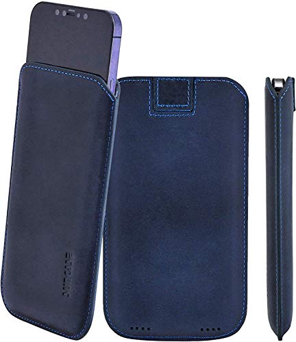 Suncase Original Leder Etui kompatibel mit iPhone 13 (6.1") Hülle Tasche Ultra Slim Ledertasche Schutzhülle Case (mit Rückzuglasche) in Pebble Blue von Suncase