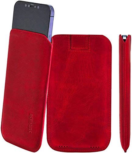 Suncase Original Leder Etui kompatibel mit iPhone 13 (6.1") Hülle Tasche Ultra Slim Ledertasche Schutzhülle Case (mit Rückzuglasche) in antik rot von Suncase