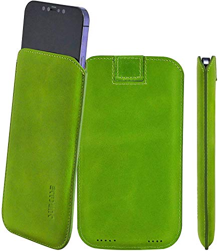 Suncase Original Leder Etui kompatibel mit iPhone 13 Mini (5.4") Hülle Tasche Ultra Slim Ledertasche Schutzhülle Case (mit Rückzuglasche) in antik Kiwi grün von Suncase