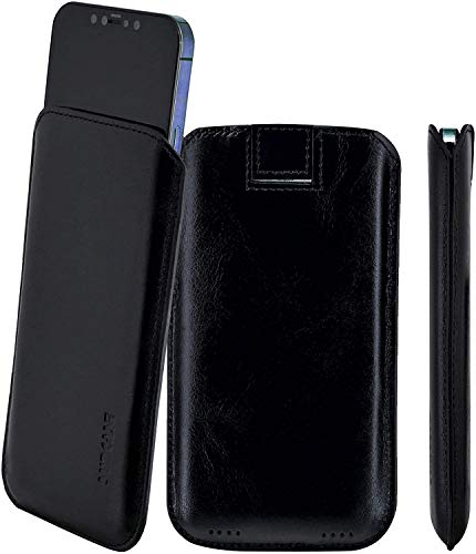 Suncase Original Leder Etui kompatibel mit iPhone 13 Mini (5.4") Hülle Tasche Ultra Slim Ledertasche Schutzhülle Case (mit Rückzuglasche) in schwarz von Suncase