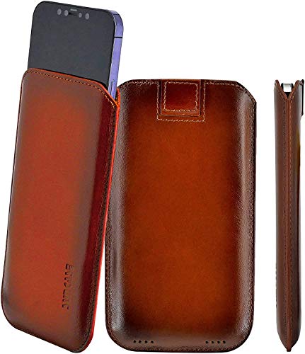 Suncase Original Leder Etui kompatibel mit iPhone 13 Pro (6.1") Hülle Tasche Ultra Slim Ledertasche Schutzhülle Case (mit Rückzuglasche) in Burned Cognac von Suncase