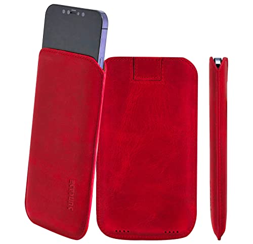 Suncase Original Leder Etui kompatibel mit iPhone 14 (6.1") Hülle Tasche Ultra Slim Ledertasche Schutzhülle Case (mit Rückzuglasche) in antik rot von Suncase