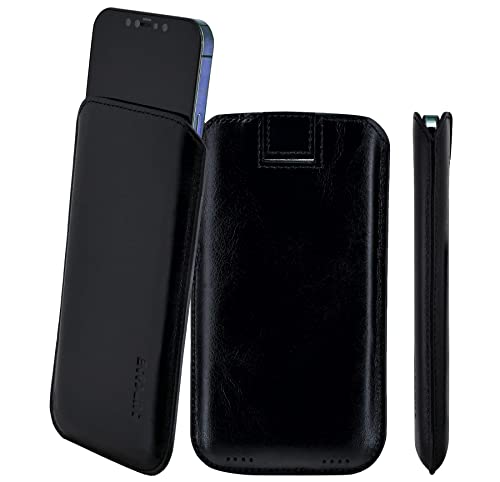 Suncase Original Leder Etui kompatibel mit iPhone 14 (6.1") Hülle Tasche Ultra Slim Ledertasche Schutzhülle Case (mit Rückzuglasche) in schwarz von Suncase