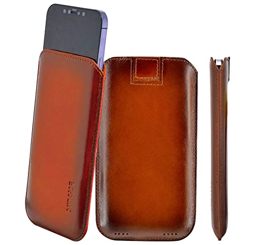 Suncase Original Leder Etui kompatibel mit iPhone 14 Pro (6.1") Hülle Tasche Ultra Slim Ledertasche Schutzhülle Case (mit Rückzuglasche) in Burned Cognac von Suncase