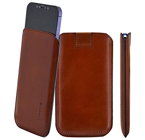 Suncase Original Leder Etui kompatibel mit iPhone 14 Pro (6.1") Hülle Tasche Ultra Slim Ledertasche Schutzhülle Case (mit Rückzuglasche) in Mocca braun von Suncase