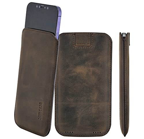 Suncase Original Leder Etui kompatibel mit iPhone 14 Pro (6.1") Hülle Tasche Ultra Slim Ledertasche Schutzhülle Case (mit Rückzuglasche) in antik braun von Suncase