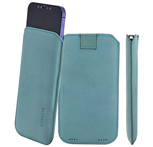 Suncase Original Leder Etui kompatibel mit iPhone 16 (6,1 Zoll) Hülle Tasche Ultra Slim Ledertasche Schutzhülle Case (mit Rückzuglasche) in antik türkis von Suncase