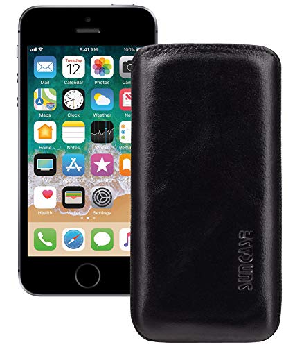 Suncase Original Leder Tasche kompatibel mit iPhone SE (2016) Hülle Handytasche Ledertasche Schutzhülle Case Etui *mit Rückzuglasche* schwarz von Suncase