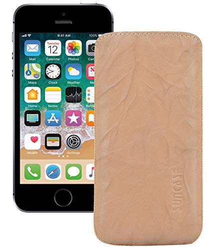 Suncase Original Leder Tasche kompatibel mit iPhone SE (2016) Hülle Handytasche Ledertasche Schutzhülle Case Etui *mit Rückzuglasche* wash beige von Suncase