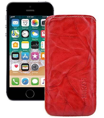 Suncase Original Leder Tasche kompatibel mit iPhone SE Hülle Handytasche Ledertasche Schutzhülle Case Etui *mit Rückzuglasche* wash rot von Suncase