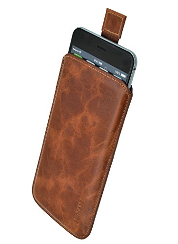 Suncase Original Tasche für iPhone 7 Plus/iPhone 6s Plus/iPhone 6 Plus (5.5 Zoll) Super Slim Leder Etui Handytasche Ledertasche Schutzhülle Case Hülle (Lasche mit Rückzugfunktion) Cognac von Suncase