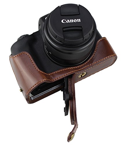 Bottom Opening Version Schützende PU Leder Half Kamera Tasche für Canon EOS M50 mit Handschlaufe Dunkelbraun von SundayZaZa