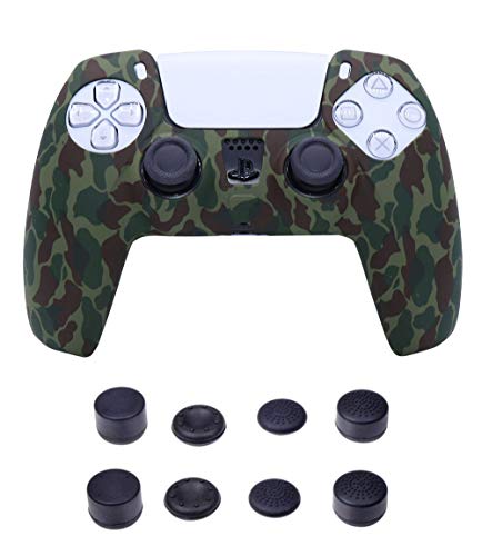Silicone Cover Skin Case Accessories for Sony PS5 Controller with Pro Thumb Grips Caps Set Camo Green von SundayZaZa