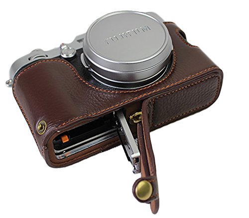 Unten öffnende Version Protective Half Leather Half Camera Case Tasche für Fujifilm x100f mit Handschlaufe Dunkelbraun von SundayZaZa