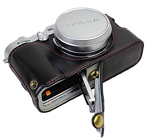 Unten öffnende Version Schutzhülle aus PU-Leder mit halber Kamera für Fujifilm x100f mit Handschlaufe Schwarz von SundayZaZa