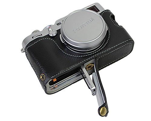 Unten öffnende Version Schutzhülle aus echtem Leder mit halber Kamera für Fujifilm x100f mit Handschlaufe Schwarz von SundayZaZa