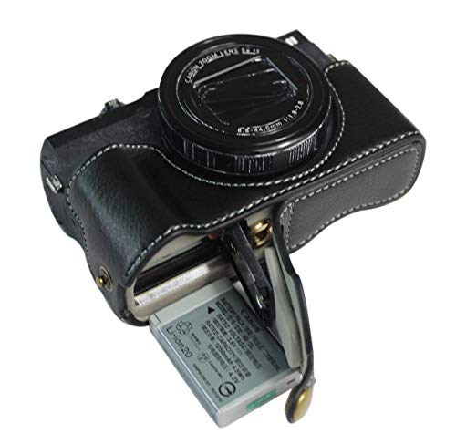 Unten öffnende Version für Canon PowerShot G5x Mark II Schützende Kameratasche aus echtem Leder mit Stativdesign und Handschlaufe in Schwarz von SundayZaZa