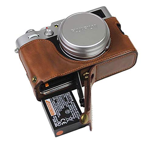 Unten öffnende Version für Fujifilm x100v Protective PU Leder Halbkameratasche mit Stativdesign mit Handschlaufe Dunkelbraun von SundayZaZa