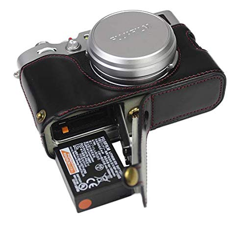 Unten öffnende Version für Fujifilm x100v Protective PU Leder Halbkameratasche mit Stativdesign mit Handschlaufe Schwarz von SundayZaZa