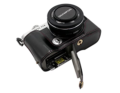 Unten öffnende halbe Kameratasche aus PU-Ledergriff Kompatibel mit Olympus Pen E-P7 mit Stativ-Design Schwarz von SundayZaZa
