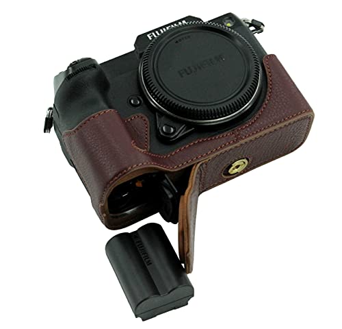 Unten öffnende obere Schicht Echtledergriff halbe Kameratasche Kompatibel mit Fujifilm GFX 100S mit Stativ-Design Dunkelbraun von SundayZaZa
