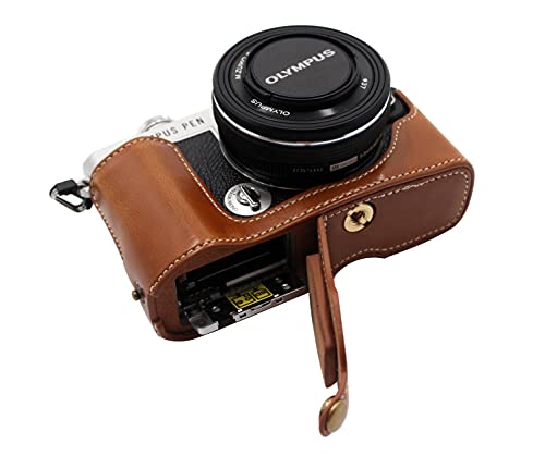 Untere Öffnung PU-Ledergriff halbe Kameratasche Kompatibel mit Olympus Pen E-P7 mit Stativ Design Braun von SundayZaZa