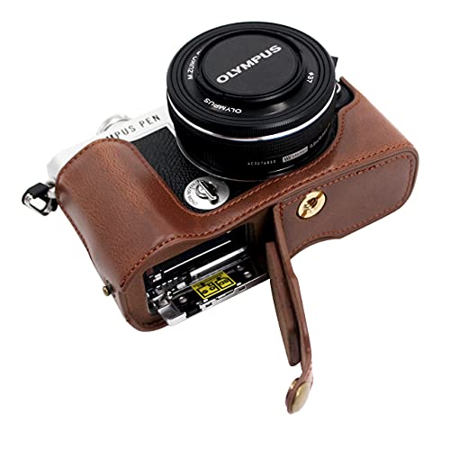 Untere Öffnung PU-Ledergriff halbe Kameratasche Kompatibel mit Olympus Pen E-P7 mit Stativ Design Dunkelbraun von SundayZaZa