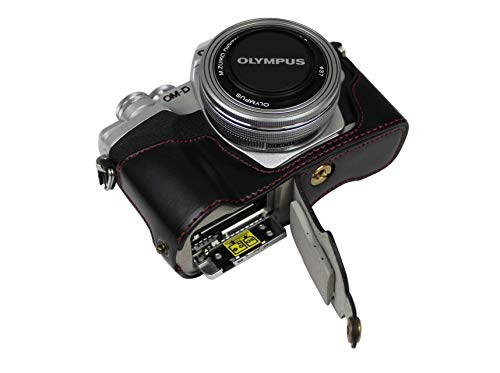 Version mit unterer Öffnung Kompatibel mit Olympus OM-D E-M10 Mark IV Schutzhülle aus PU-Leder mit Stativdesign und Handschlaufe Schwarz von SundayZaZa